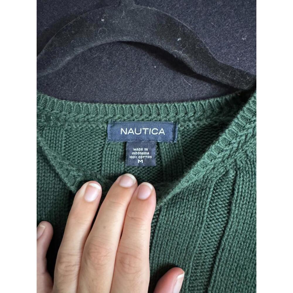 Nautica Chunky Knit Cotton Grandpa Sweater Green Medium Classic - Picture 5 of 9